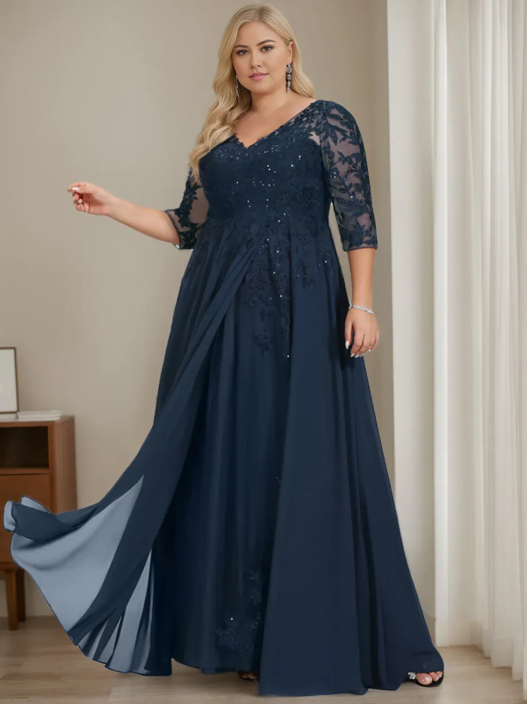 Mom Of The Bride Dressbride Mother Dress A-Line/Princess V-Neck Half Sleeves Floor-Length Plus Size Mother of the Bride Dresses with Sequins Formal Women's Dresses